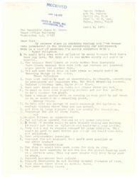 ["A letter from Sandra Redman to the Honorable James R. Jones discussing her concerns about environmental issues such as water and trash pollution, the energy crisis, air pollution, and urban conservation. She suggests various solutions to these problems and urges action to be taken before it's too late."]
