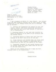 ["A student at Skelly Jr. High School has written a letter to James R. Jones with suggestions on how to address the energy crisis. The suggestions include turning off electrical appliances when not in use, walking or riding bicycles to reduce air pollution, driving cars with high gas mileage, closing curtains and windows to save energy, and encouraging research on new energy sources like nuclear and solar power. The student hopes that Jones will consider these suggestions."]