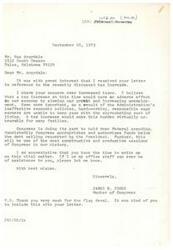["The document is a letter from Mr. Gus Argrdale to Congressman James R. Jones expressing concern over a proposed tax increase. Argrdale believes that the tax increase would have a negative impact on the economy and on families already struggling to keep up with the cost of living. He praises Congress for holding down federal spending and expresses appreciation for Jones' attention to the matter. The document also includes a brief exchange about a flag decal."]