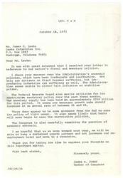 ["Mr. Leake expresses concern to Congressman Jones about the nation's fiscal and monetary policies, criticizing the Administration's economic policies and the Federal Reserve Board's tight money policy. He believes that the current policies are causing shortages and could lead to an economic depression. Congressman Jones acknowledges Leake's concerns and hopes for sustained economic growth without increasing unemployment levels."]