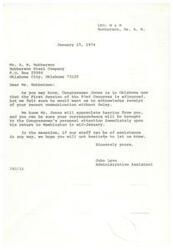 ["The document is from R.W. Robberson, President of Robberson Steel Company, to Congressman James R. Jones expressing frustration with the government's handling of the economy and calling for a more practical approach to economic issues. Robberson criticizes the focus on political matters and calls for action to address the economic problems facing the country. He also expresses concern about the potential for a serious depression and the need for careful management to restore economic balance."]
