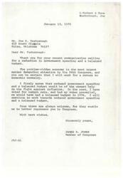 ["The document is a response from Congressman James R. Jones to Mr. Joe E. Yarborough, thanking him for his communication regarding a reduction in government spending and a balanced budget. Jones agrees that reducing government spending and balancing the budget would help in the fight against inflation, and states that he has previously voted for budget cuts. Jones reassures Yarborough that he will continue to work towards these goals and values his input as a constituent."]