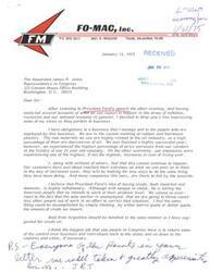["The document is from Richard Fowlkes, the president of FO-MAC, Inc., expressing concerns about inflation, recession, and the national economy. Fowlkes discusses the impact of price increases on their business and employees, and criticizes President Ford's proposed tax on crude oil. He also expresses his views on federal aid, forced busing, government bailouts, free enterprise, and the importance of young people as a resource. Fowlkes praises the recipient, Representative James R. Jones, for his work but also highlights areas where he believes improvements are needed in Congress."]