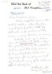 ["The writer, Bob Compton, expresses support for Congressman Jones and discusses the political talk surrounding ways to end the recession, including a possible tax cut. He agrees with President Ford's suggestion to limit new expenditures and cut out useless programs."]