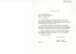 ["The document is a letter from B. Wayne Ockerman to Congressman James R. Jones congratulating him on his appointment to the House Ways and Means Committee. Ockerman expresses concerns about federal spending, taxation, and socialistic programs, urging Jones to prioritize individual initiative and private enterprise. He also warns Jones about the temptation of power and urges him to resist corruption. Jones responds by thanking Ockerman for his letter and expressing his commitment to addressing economic concerns in Congress."]