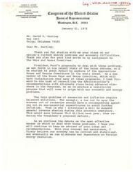 ["James R. Jones, a member of Congress from Oklahoma, thanks a constituent for sharing their views on the nation's energy and economic problems. He discusses President Ford's proposals and his own efforts to address these issues, including introducing a bill to suspend general revenue sharing. Jones expresses the need for balanced solutions to recession and inflation, and requests continued input from the constituent. He also sends a copy of the Agriculture Yearbook in response to a request. The constituent, David D. Hartley, expresses concerns about tax reduction and inflation, and suggests ways to address these issues through changes in work habits and incentives for energy-efficient building. Hartley also requests a copy of the Agriculture Yearbook from Jones."]
