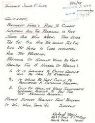 ["The document from Richard Moon to Honorable James R. Jones expresses support for President Ford's plan to combat inflation and the recession, stating that the extra tax on oil and income tax cut can help curb inflation and the recession. Moon argues against the rationing of gasoline, citing reasons such as fairness issues, cost, and potential increase in gasoline prices. He urges Jones to support President Ford's program as it will work."]
