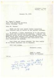 ["The document from Mr. Degnan suggests that Congress should take no action on current economic problems and should impose as few government rules and regulations as possible. However, Representative Jones believes that the economic crisis requires firm action and hopes that Congress will respond decisively to the President's proposals. Mr. Degnan later suggests in a follow-up letter that perhaps the best course of action would be to leave everything alone for a while. Representative Jones acknowledges Mr. Degnan's views and values his input as a way to better represent him in Congress."]