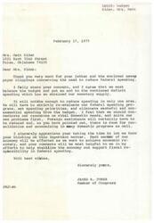["Mrs. Matt Elder wrote to Congressman James R. Jones urging him to vote against the proposed federal budget due to concerns about deficit spending. She suggested reducing foreign aid and unnecessary domestic programs to prioritize vital needs. Congressman Jones responded, acknowledging her concerns and stating the importance of evaluating spending programs. Additionally, newspaper columnist Sylvia Porter criticized wasteful government spending, highlighting examples of unnecessary expenditures in various departments. President Ford proposed a $7.4 billion budget for education, with cuts to impact aid and increased funding for student grants. Senator William V. Roth criticized the lack of specific budget cut proposals from the administration."]