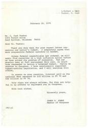 ["This is a letter from Jack Tucker to Congressman James R. Jones expressing concern about the nation's budget and excessive spending. Tucker questions the government's practice of giving away tax dollars and making loans to foreign nations while exceeding its own budget. He calls for more responsible spending to avoid economic downfall. Congressman Jones responds, agreeing with Tucker's views and providing information on the interest paid on the national debt. Jones assures Tucker that he will continue to support budget-cutting legislation in Congress."]