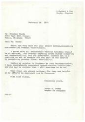 ["The document is a thank you note from Congressman James R. Jones to Mr. Sherman Woods for his letter regarding non-essential Federal expenditures. Jones expresses agreement with the need to eliminate unnecessary spending and states that he has supported budget-cutting initiatives in Congress. Woods encourages Jones to continue setting an example of fiscal responsibility in government and to stop wasteful spending practices. Woods emphasizes the importance of government officials remembering where the money comes from and suggests that a \"day's pay for a day's work\" motto should be implemented in Washington."]