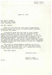 ["The document is from James R. Jones, a member of Congress, responding to a communication from Joy B. Wisdom urging support for reducing federal spending and balancing the budget. Jones agrees with the need to control spending, has introduced a bill to suspend General Revenue Sharing until a balanced budget is achieved, and will work towards this goal. Joy B. Wisdom also expresses frustration with rising costs and urges government spending cuts."]
