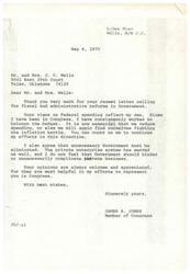 ["The document from Mr. and Mrs. Wells to Congressman James R. Jones expresses concern over the federal deficit and calls for a reduction in government expenditures, especially in welfare programs and subsidies. They advocate for the government to only intervene where private businesses cannot and to hold federal agencies accountable for their regulations. They also emphasize the importance of protecting national security. Congressman Jones responds by thanking them for their letter and expressing agreement with their views on fiscal responsibility and reducing government spending."]