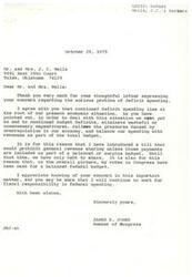 ["The document is a correspondence between Mr. and Mrs. Wells and Congressman James R. Jones regarding their concerns about deficit spending and the need for a balanced federal budget. Congressman Jones agrees with their concerns and mentions introducing a bill to prohibit general revenue sharing unless part of a balanced budget. The Wells also express the importance of eliminating overspending, cutting unnecessary expenditures, and keeping spending within income. Congressman Jones reassures them that he will continue to work for fiscal responsibility in federal spending."]