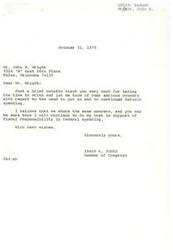 ["The document is a letter from John B. Wright to Congressman James R. Jones expressing concern about deficit spending and urging for fiscal responsibility in federal spending. Wright suggests reducing federal expenditures and increasing taxes to address the issue. Congressman Jones responds, thanking Wright for his concern and assuring him of his commitment to supporting fiscal responsibility."]