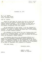 ["Mr. Hughes expresses his concerns about runaway federal spending in a letter to Congressman James R. Jones. Jones responds by assuring Hughes of his efforts to cut down spending and reduce government interference. Jones mentions his votes in favor of a balanced budget and efforts to reduce bureaucracy. Hughes urges Jones to take action to reduce wasteful spending and avoid increased taxation, highlighting the importance of fiscal responsibility in government."]