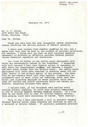 ["The document is a letter from James R. Jones, a member of Congress, responding to a letter from G.W. Givens regarding federal spending and various government programs. Jones agrees with Givens on the need to cut federal spending and discusses his support for a public works employment bill that was vetoed by the President. Jones also addresses tax incentives for industry to hire more workers, welfare reform, and the food stamp program. Givens expresses concerns about government spending and suggests ways to reduce waste and improve efficiency in government programs."]