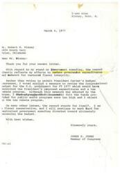 ["James R. Jones, a Member of Congress, responds to a letter regarding his stand on government spending, stating that he is a fiscal conservative and has voted against measures that would increase the budget and allow for a tax rebate program. The document also questions Jones' voting record on government spending and suggests that Congress should introduce a bill to reduce salaries to show they are against pay raises."]