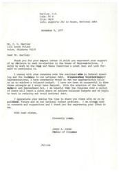 ["The document is a correspondence between D.D. Hartley and Congressman James R. Jones discussing support for Jones' re-election, concerns about federal spending and the national debt, and various economic issues such as oil shortages, taxation, and budget balancing. Hartley expresses appreciation for Jones' work on the Ways and Means Committee and shares his conservative views on economic matters. Jones responds by thanking Hartley for his support and sharing his own concerns and efforts to achieve a balanced budget and reduce the national debt."]