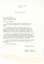 ["Mr. Duncan wrote to Representative James R. Jones expressing concern about inflation being the main problem facing the country. Representative Jones responded, acknowledging the severity of the issue and stating that he is working to cut government costs to help combat inflation. Jones reassured Duncan that he shares his concern and will continue to work towards stabilizing the economy."]