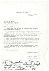 ["In a letter dated February 21, 1978, Congressman James R. Jones responds to Max W. Wade's concerns about government spending and inflation. Jones acknowledges the burden of inflation on the American public and states that he is working to cut government costs to combat inflation. He reassures Wade that he considers the economic impact of legislative proposals and is committed to stabilizing the economy. Jones shares Wade's concerns and pledges to do his best to improve the situation. He also mentions his position on having a balanced budget, except in certain identified emergencies."]