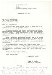 ["Mr. Gardenhire wrote a letter to Congressman James R. Jones expressing concern about inflation and suggesting solutions such as reducing crude imports, freezing Social Security payments, overhauling welfare and government pension programs, and cutting government expenses. Congressman Jones responded, thanking Mr. Gardenhire for his suggestions and stating that he is working on addressing these issues."]