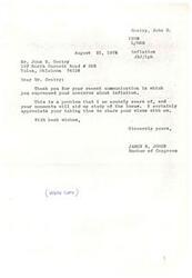 ["John D. Gentry wrote to Congressman James R. Jones expressing concerns about inflation and suggesting alternative solutions to combat it. Gentry believes that borrowing is causing inflation and that the country is heading towards communism if people do not stop borrowing. He suggests abolishing leading institutions and setting up local government reserves as a solution."]