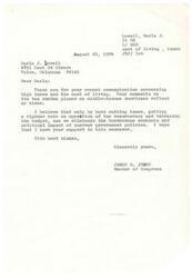 ["Darla J. Lowell wrote a letter to Congressman James R. Jones expressing her concerns about high taxes and the cost of living for middle-income Americans. Congressman Jones responded by agreeing with her views and stating that cutting taxes, controlling bureaucracy, and balancing the budget are necessary to alleviate the economic and political impact of current government policies. Darla expressed her opposition to high taxes and cost of living in a follow-up letter, stating that she will not re-elect anyone unless there is a drastic change in government policy."]