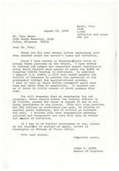 ["The document is from Congressman James R. Jones to Mr. Troy Moore, thanking him for expressing concern about taxes and inflation. Congressman Jones discusses his efforts to balance the budget, support sunset legislation, and improve government oversight through appropriations. He mentions a compromise tax cut proposal that passed the House and is being considered by the Senate. Jones believes that responsible spending and tax cuts will help reduce inflation. He offers further assistance and encourages Moore to contact him if needed."]