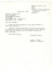 ["Clyde A. Wheeler, Jr. sent studies on taxes and inflation to James R. Jones, a Member of Congress, discussing the challenges faced by the United States tax system in coping with inflation. The studies highlight the adverse effects on the business community and individual investors, and propose tax changes to address the issue. Jones thanked Wheeler for the studies and expressed interest in further investigating the problems."]