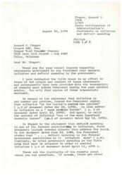 ["Howard J. Crager seeks verification of statements made by the President regarding inflation being the nation's number one problem and deficit spending contributing to inflation. Congressman James R. Jones responds with transcripts of the President's remarks, confirming that the President did make these statements. Jones also offers further information if needed."]