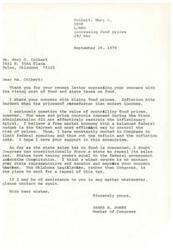 ["The document includes a letter from James R. Jones in response to concerns about rising food prices and state taxes on food. Jones believes in a free market economy and urges contacting state representatives about the tax issue. The document also includes a questionnaire about federal regulations and their impact on various aspects of life, as well as questions about the enforcement and justification of these regulations."]