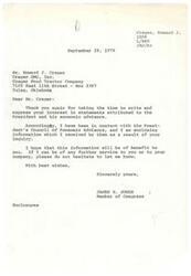 ["Howard J. Crager wrote to Representative James R. Jones expressing interest in statements made by the President and his economic advisors regarding inflation and government spending. Jones responded by providing information from the President's Council of Economic Advisors. Crager requested further corroboration regarding statements made by the President's economic advisors, and Jones promised to look into it."]