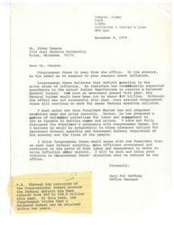 ["Jimmy Campos, a student at Oral Roberts University, wrote a letter to Congressman Jones expressing his concerns about inflation and President Carter's proposed measures to control it. Campos believes that the economy may be overstimulated and questions how Tulsa will react to voluntary wage and price controls. He emphasizes the need for action against inflation to prevent future suffering. Congressman Jones's office manager, Mary Pat Gaffney, responds on behalf of Jones, stating his support for balanced federal budgets, decreased federal spending, and voluntary guidelines for wage and price controls. Gaffney assures Campos that Jones will continue to work towards saner federal spending policies."]