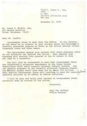 ["The document is a letter from James H. Chafin to Congressman James R. Jones expressing concerns about the President's plan to address inflation by raising interest rates and other methods. Chafin outlines the short and long-term effects of the plan, expressing skepticism about its effectiveness and suggesting that the government should focus on balancing the federal budget to reduce inflation. Chafin also criticizes the decision to borrow foreign money and sell US gold abroad. He concludes by suggesting that the only way to understand the government's fiscal policies is to take a course in economics from a socialist perspective."]