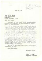 ["Mrs. Kay R. McKee wrote a letter to Congressman James R. Jones expressing concern about rent increases affecting people on fixed incomes. She believes that rent controls are necessary to prevent landlords from profiteering and suggests that legislation should be introduced to aid tenants. Congressman Jones responds sympathetically, but does not believe rent controls are the solution to inflation. He believes the main cause of inflation is deficit spending by the federal government and advocates for balanced budgets and government restraint as a solution. He offers further assistance if needed."]