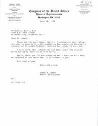 ["The document is a letter from James R. Jones, a member of Congress, in response to a letter from Dr. William D. Heath regarding legislation to expand Medicare coverage for optometry services. Jones appreciates the information and will consider Dr. Heath's views when making a decision on the issue. He encourages Dr. Heath to keep him informed of any concerns in the future."]