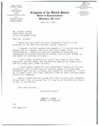 ["The document is a letter written by James R. Jones, a member of Congress representing the First District of Oklahoma, in response to a letter about the American nuclear energy industry. Jones expresses support for nuclear energy development as long as it can be done safely and without significantly raising power rates. He mentions the importance of reducing dependence on foreign sources of energy and the need for some government regulation in the nuclear power industry to ensure public safety. Jones also mentions that he will study bills related to nuclear power and visit Japan to look at their nuclear power plants as examples. He thanks the recipient for sharing their thoughts and offers further assistance in the future."]