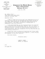 ["The letter from Congressman James R. Jones addresses a concern raised by Ms. Debbie Pitts regarding the use of Greenleaf State Park by the Oklahoma National Guard instead of the American Lung Association of Green Country's summer camp. Jones explains that this is a state matter and advises Pitts to contact Governor Nigh and state legislators for action. He expresses willingness to help with any issues under the jurisdiction of the United States Congress."]