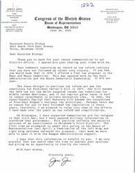 ["The document is a response from James R. Jones, a member of the House of Representatives from Oklahoma, to Reverend Ronnie Bishop regarding tax reform and his stance on Nicaragua. Jones explains his past efforts on tax reform and clarifies his position on Nicaragua, stating he supports humanitarian aid but opposes military intervention. He also thanks Bishop for sharing his views and providing clarification on his record."]