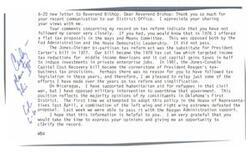 ["The document is a response from Congressman James R. Jones to Reverend Ronnie Bishop's letter regarding tax reform and Nicaragua. Jones explains his past efforts on tax reform, including the Jones"]