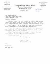 ["The document is a letter from James R. Jones, a member of Congress from Oklahoma, to Ms. Nancy Shockley, providing her with four tickets for a VIP Congressional tour of the United States Capitol Building. Jones also offers additional tour information and encourages Shockley to contact his office for further assistance. He invites her to stop by his office and expresses his hope that her trip to Washington, D.C. will be memorable."]
