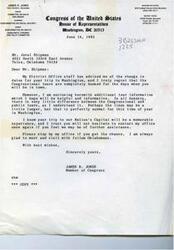 ["The document is a letter from James R. Jones, a Member of Congress from Oklahoma, responding to a constituent regarding a trip to Washington, DC. Jones regrets that Congressional tours are fully booked but provides information on public tours and encourages the constituent to reach out for further assistance. He also invites the constituent to visit his office while in town."]