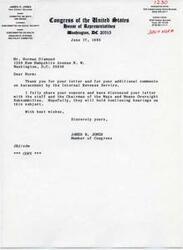 ["James R. Jones, a member of Congress from Oklahoma, received a letter from Norman Diamond regarding harassment by the Internal Revenue Service. Jones shares Diamond's concern and has discussed the issue with the relevant committee. He hopes that continuing hearings will be held on the subject. Jones expresses gratitude for the letter and additional comments."]