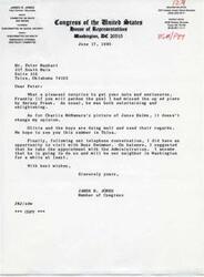["The document is a letter written by James R. Jones, a member of Congress, to Peter Manhart. Jones mentions receiving a note and enclosures from Manhart and comments on an op"]