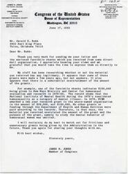 ["James R. Jones, a member of Congress from Oklahoma, received a letter from a constituent regarding facsimile checks received from a direct mail organization. Jones' staff researched the legitimacy of the checks and found that they contained substantial overstatements of grant amounts and purposes. Jones assured the constituent that he would monitor unnecessary grants in the future."]