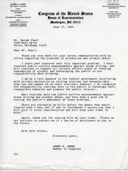 ["The letter is from Congressman James R. Jones to Mr. Joseph Pearl, thanking him for his communication regarding alcoholism and alcohol abuse. Jones expresses his support for efforts to reduce alcohol consumption and promote responsible drinking. He acknowledges the role of stations in promoting public interest and safe behavior, and states that he will consider any future bills related to this issue. Jones encourages Pearl to contact him for assistance in the future."]