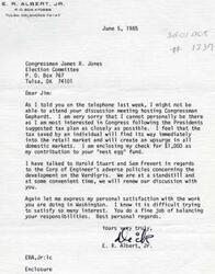 ["The letter is from E. R. Albert, Jr. to Congressman James R. Jones, expressing regret for not being able to attend a discussion meeting and making a contribution to a fund. Albert also discusses concerns about the Corp of Engineer's policies and praises Jones for his work in Washington."]