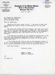 ["The document is a letter written by James R. Jones, a member of Congress from Oklahoma, in response to a letter from Mr. Stephen B. McCartney regarding a file on John Haddo that has not been returned by the Pentagon. Jones apologizes for the delay, explains that the Pentagon claims to have returned part of the file, and assures McCartney that he will send him the file as soon as it is returned to him. Jones also offers further assistance if needed."]