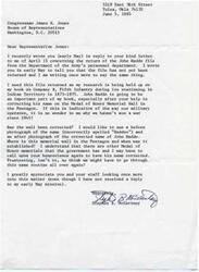 ["The author is writing to Congressman James R. Jones to inquire about the return of the John Haddo file from the Department of the Army's personnel department. The author needs the file for research on their book about Company B, Fifth Infantry. They also mention the correction of John Haddo's name on the Medal of Honor Memorial Wall in the Pentagon and express frustration over the delay in returning the file. The author asks for information about the memorial wall and requests help in correcting any other Medal of Honor memorials in the future."]